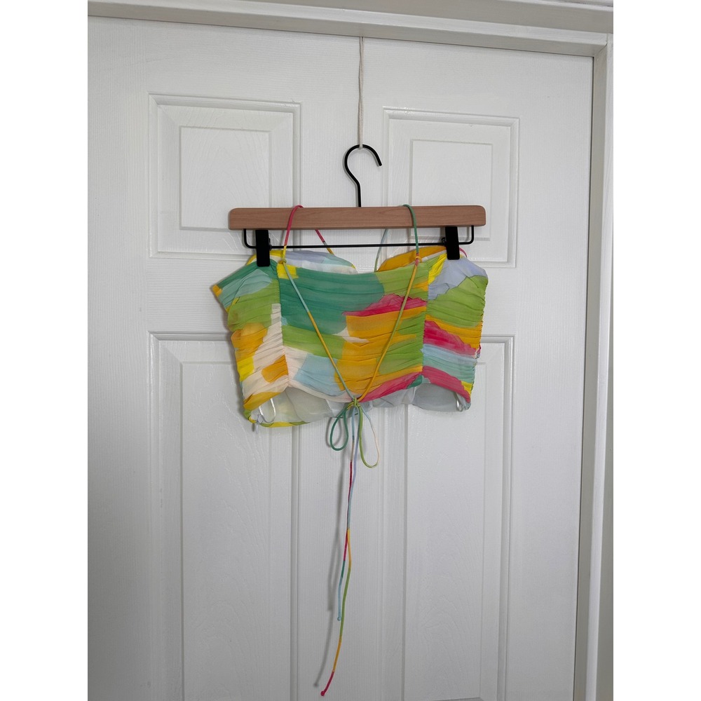 Zara Multi Color Abstract Ruched Lace Up Corset Crop Top Large - Picture 3 of 3